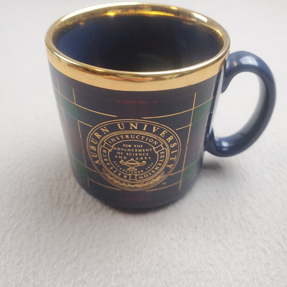 Auburn University Coffee Mug Blue Green Plaid Gold Rim Ceramic Made In England